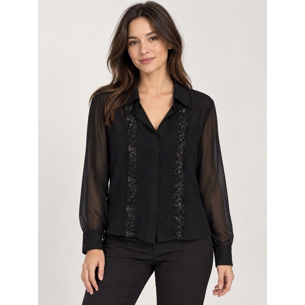 Black Sheer Floral Embroidered Blouse Button Front V Neck Long Sleeve Women’s